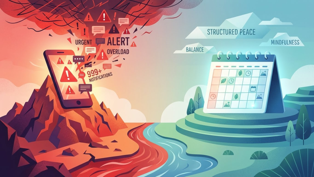 Smartphone showing overwhelming conflict messages versus structured calendar representing peaceful co-parenting boundaries