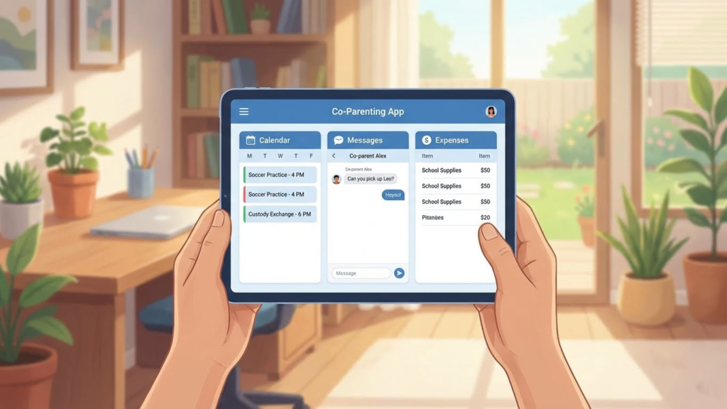 Parent using court-approved co-parenting app showing organized calendar, messages, and expense tracking interface