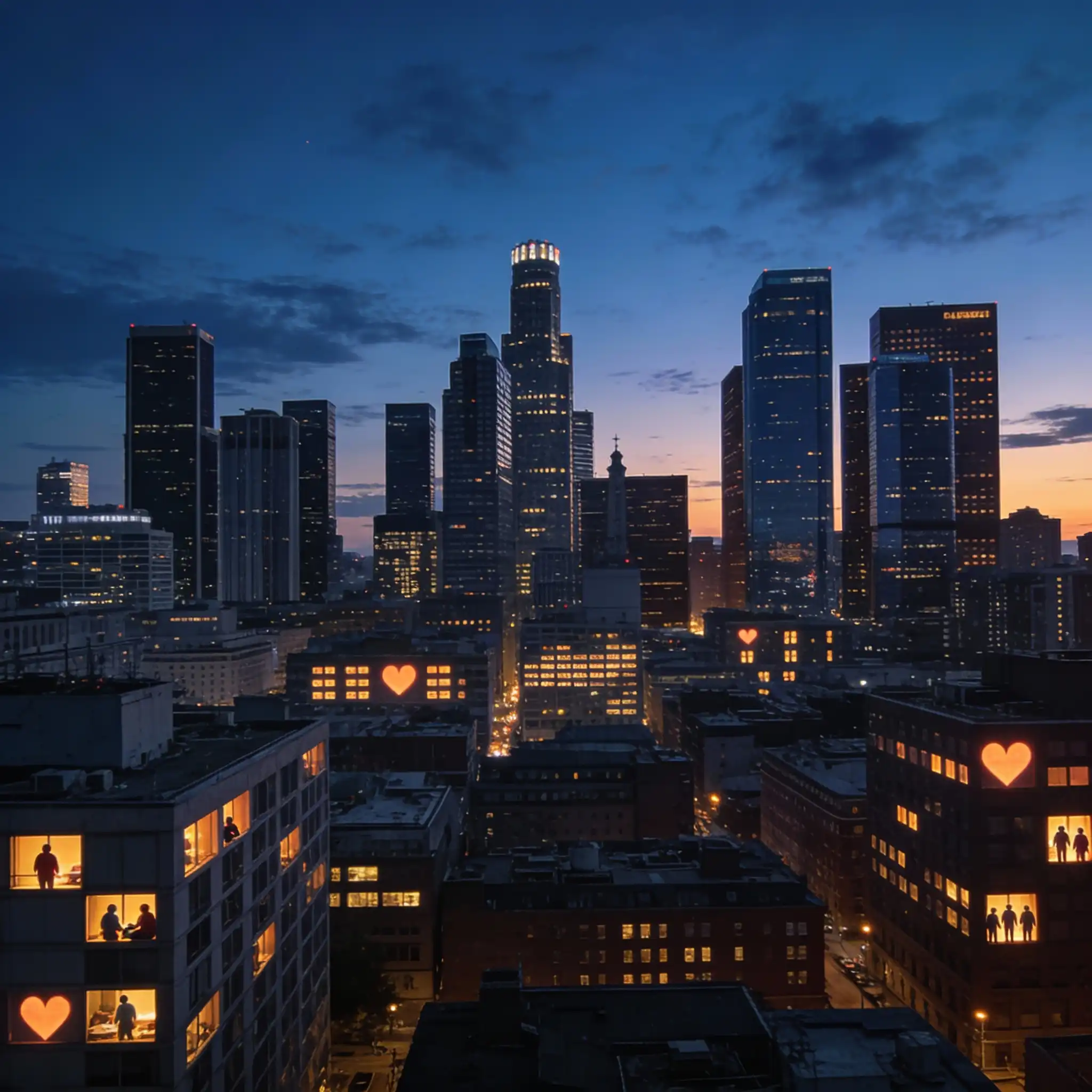 City skyline at dusk with glowing windows symbolizing rising awareness and urgency around healing.