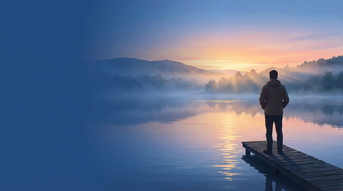Silhouetted person on lakeshore at sunrise, reflecting on divorce regret while calm water symbolizes hope and renewal.