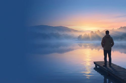 Silhouetted person on lakeshore at sunrise, reflecting on divorce regret while calm water symbolizes hope and renewal.