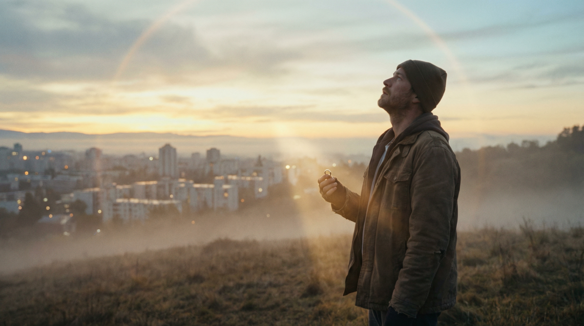 A reflective man standing on a hill at sunrise, holding a wedding ring, overlooking a distant city.