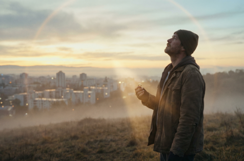 A reflective man standing on a hill at sunrise, holding a wedding ring, overlooking a distant city.