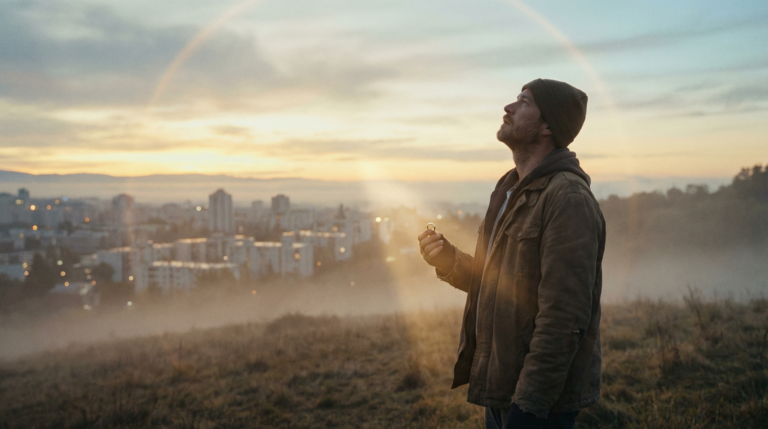 A reflective man standing on a hill at sunrise, holding a wedding ring, overlooking a distant city.