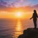 A silhouetted figure standing peacefully on a cliff at golden sunset, overlooking a calm ocean horizon symbolizing hope, healing, and emotional resilience after struggle.