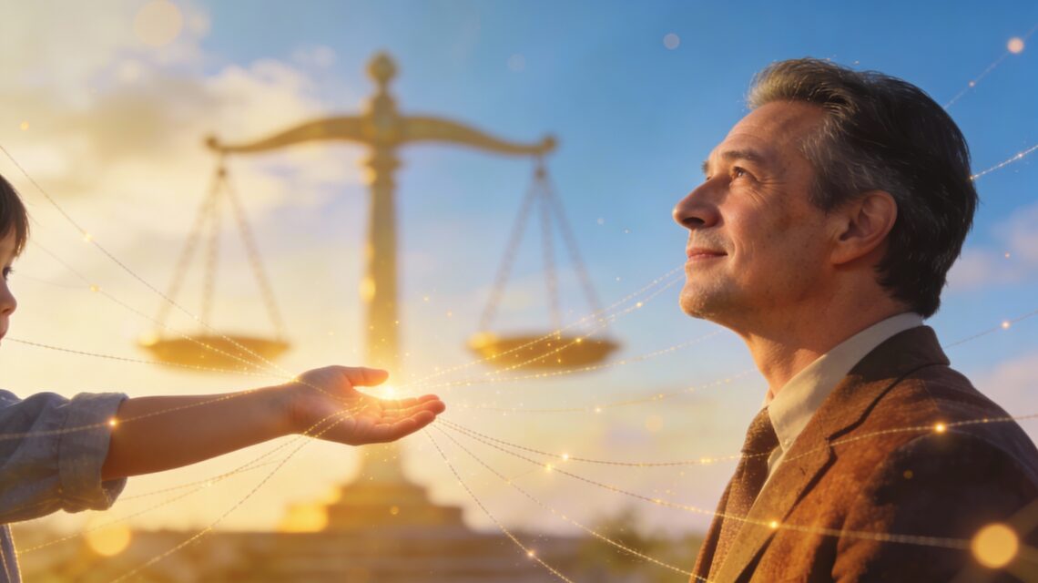 Father facing custody rights challenges with hope, legal protection, and child connection symbolized