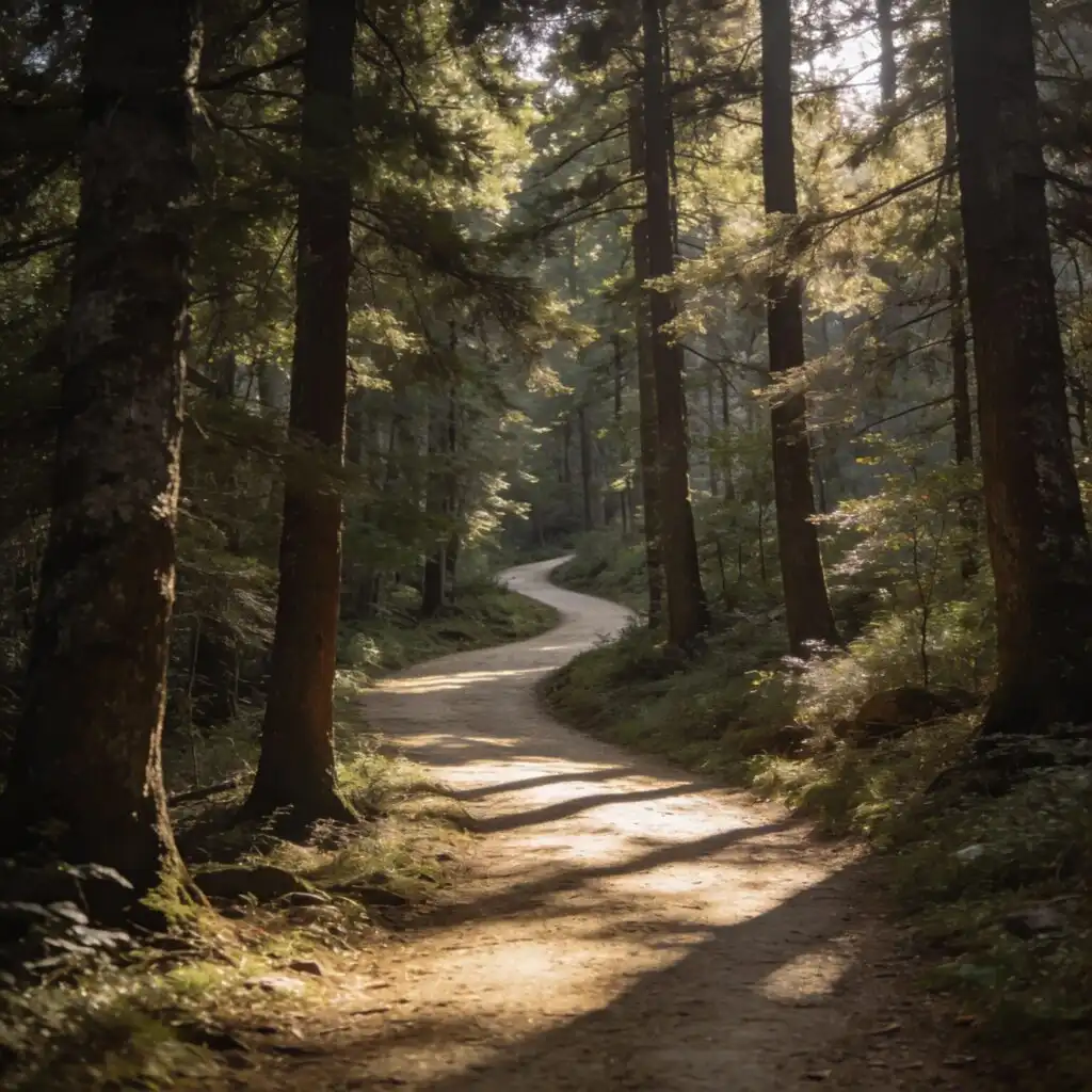 Forest path with gentle sunlight filtering through trees symbolizing slow, steady emotional healing journey.