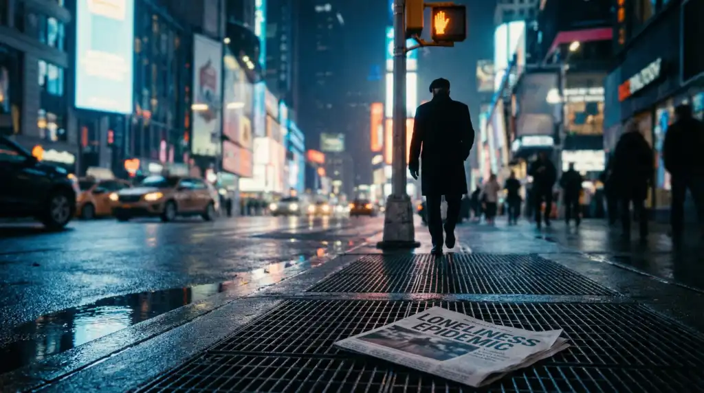Man walking alone in city night, symbolizing rising isolation and post-divorce stress.