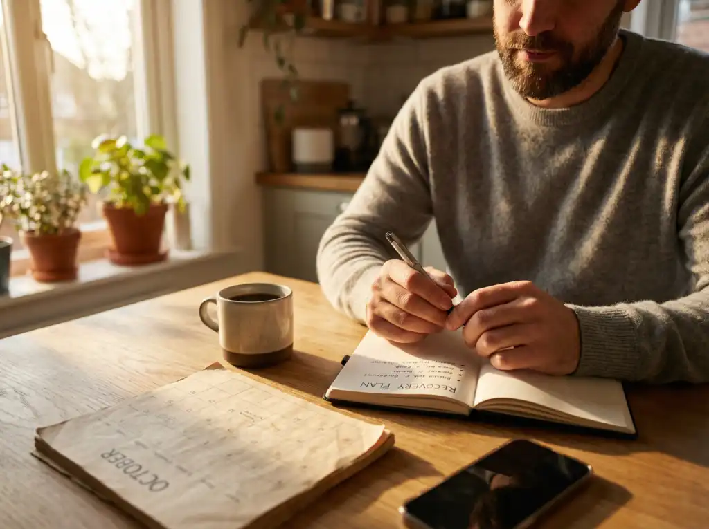 Man calmly writing recovery plan beside calendar, turning pain into daily structure.
