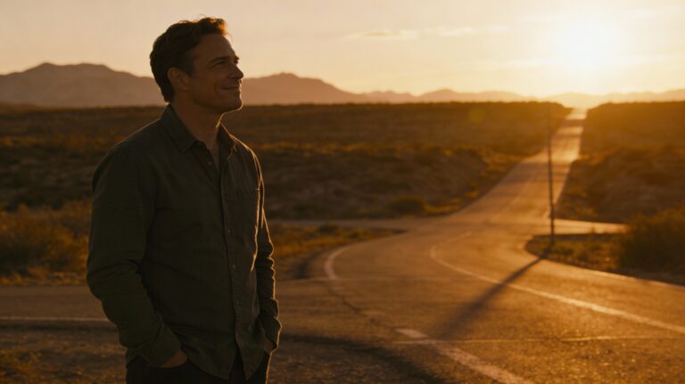 Man standing at crossroads at sunset, looking toward hopeful horizon with emotional clarity and determination during divorce recovery journey