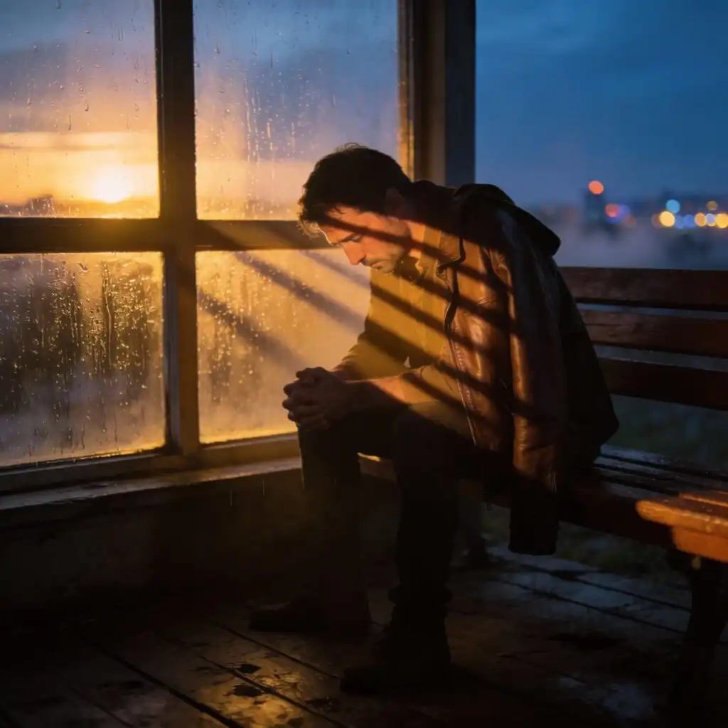 Man reflecting on lost love sitting alone by window at sunset