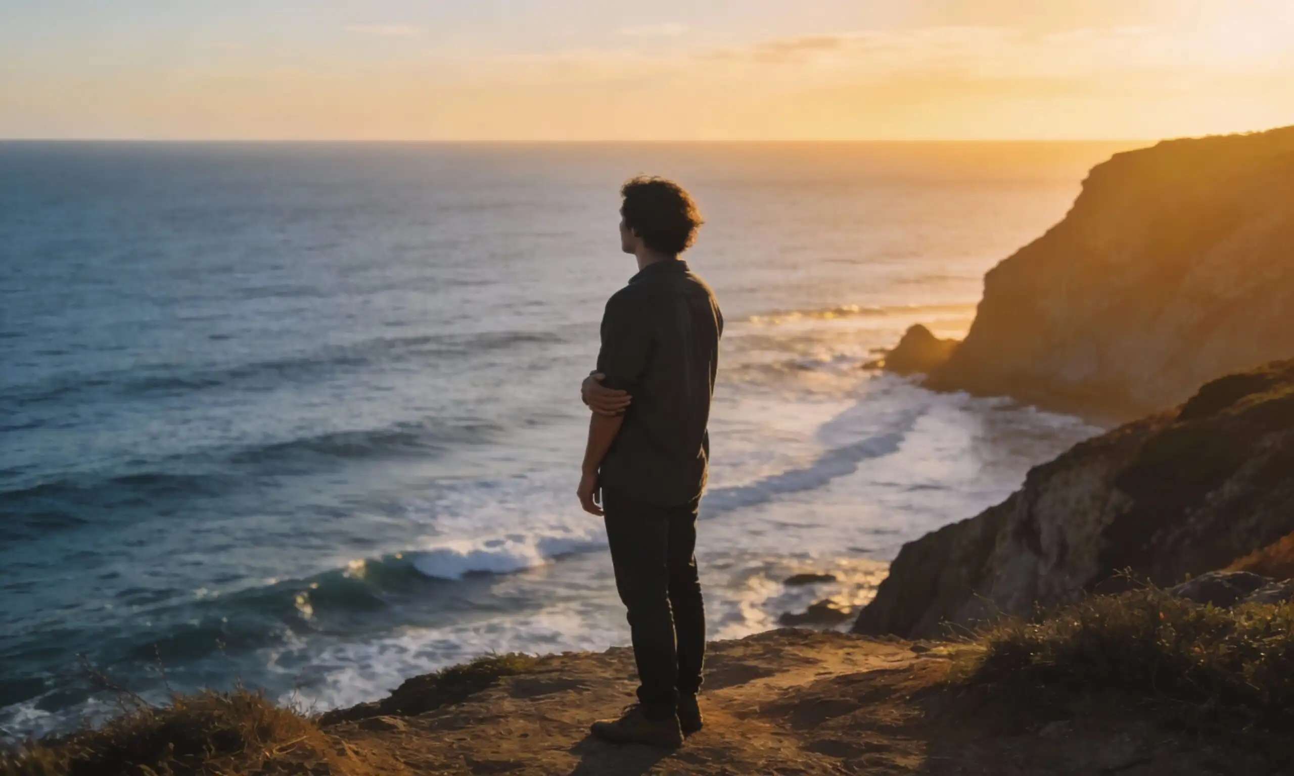 Silhouette on cliff at sunset overlooking calm sea, representing clarity, hope, and powerful emotional healing.