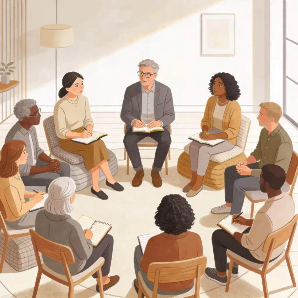 Support group members engaged in healing conversations during divorce recovery process