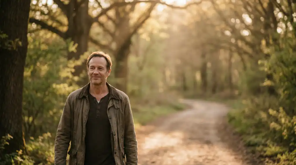 Man walking into warm sunlight on path, representing healing, clarity, and new beginnings.