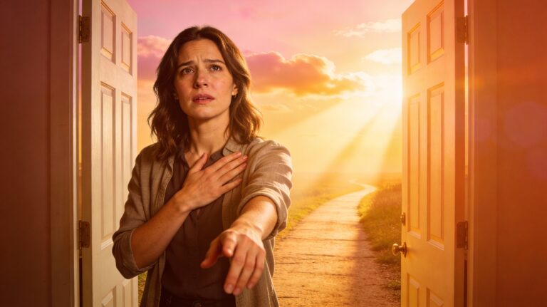 Woman at crossroads symbolizing transformation and healing after divorce with hopeful expression