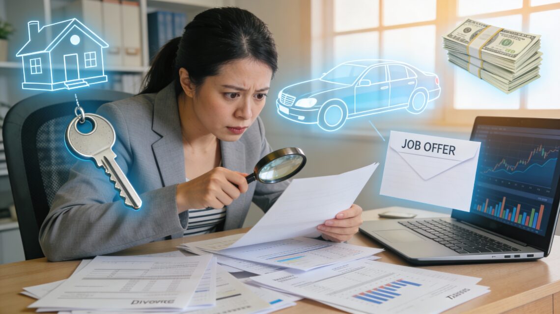 Woman examining financial documents and bank statements with magnifying glass to uncover hidden assets during divorce proceedings