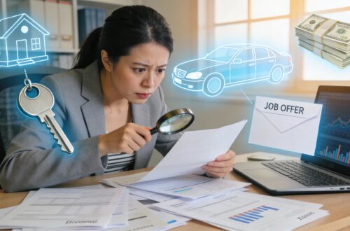 Woman examining financial documents and bank statements with magnifying glass to uncover hidden assets during divorce proceedings