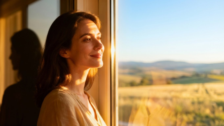 Woman finding hope and peace after divorce recovery, looking toward a brighter future with sunlight symbolizing healing and transformation