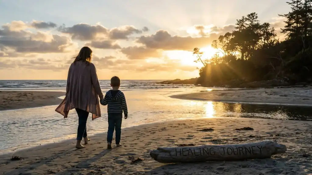 Parent and child walking peacefully together at sunset, symbolizing healing and hope in co-parenting journey