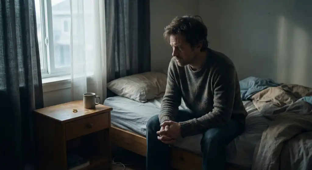 Lonely man at dawn in quiet room, ring nearby, processing divorce shock.