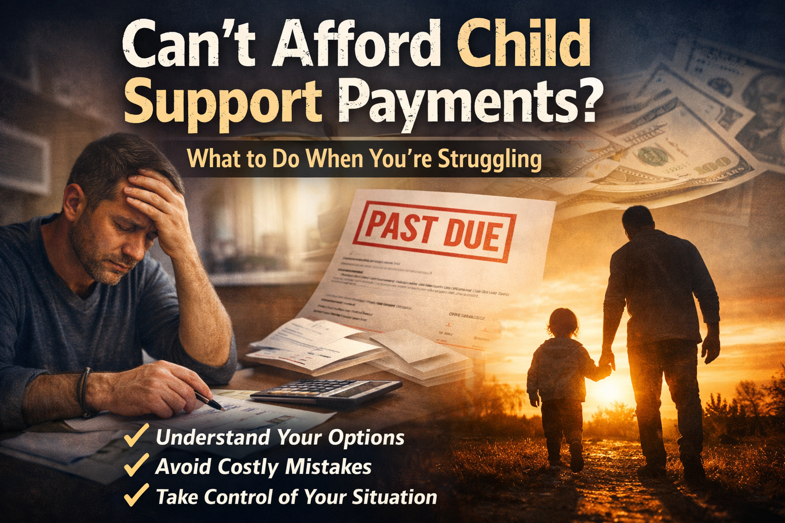 Stressed father reviewing overdue bills while hopeful parent and child silhouette walk toward sunset.