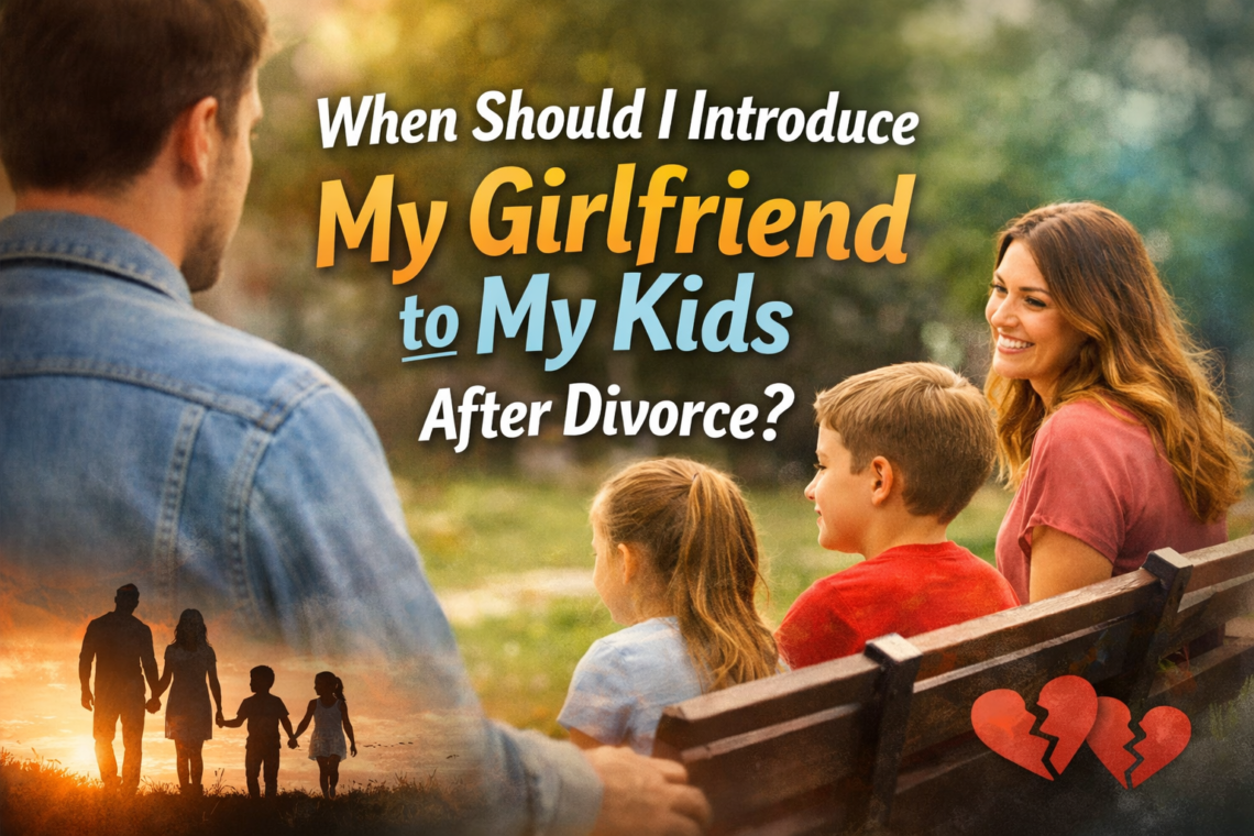 Divorced father watching his girlfriend interact with his children on a park bench, symbolizing when to introduce a new partner to kids after divorce.