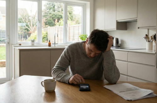 divorced parent sitting at a kitchen table with a phone and calendar open,