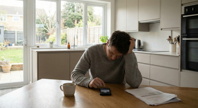 divorced parent sitting at a kitchen table with a phone and calendar open,