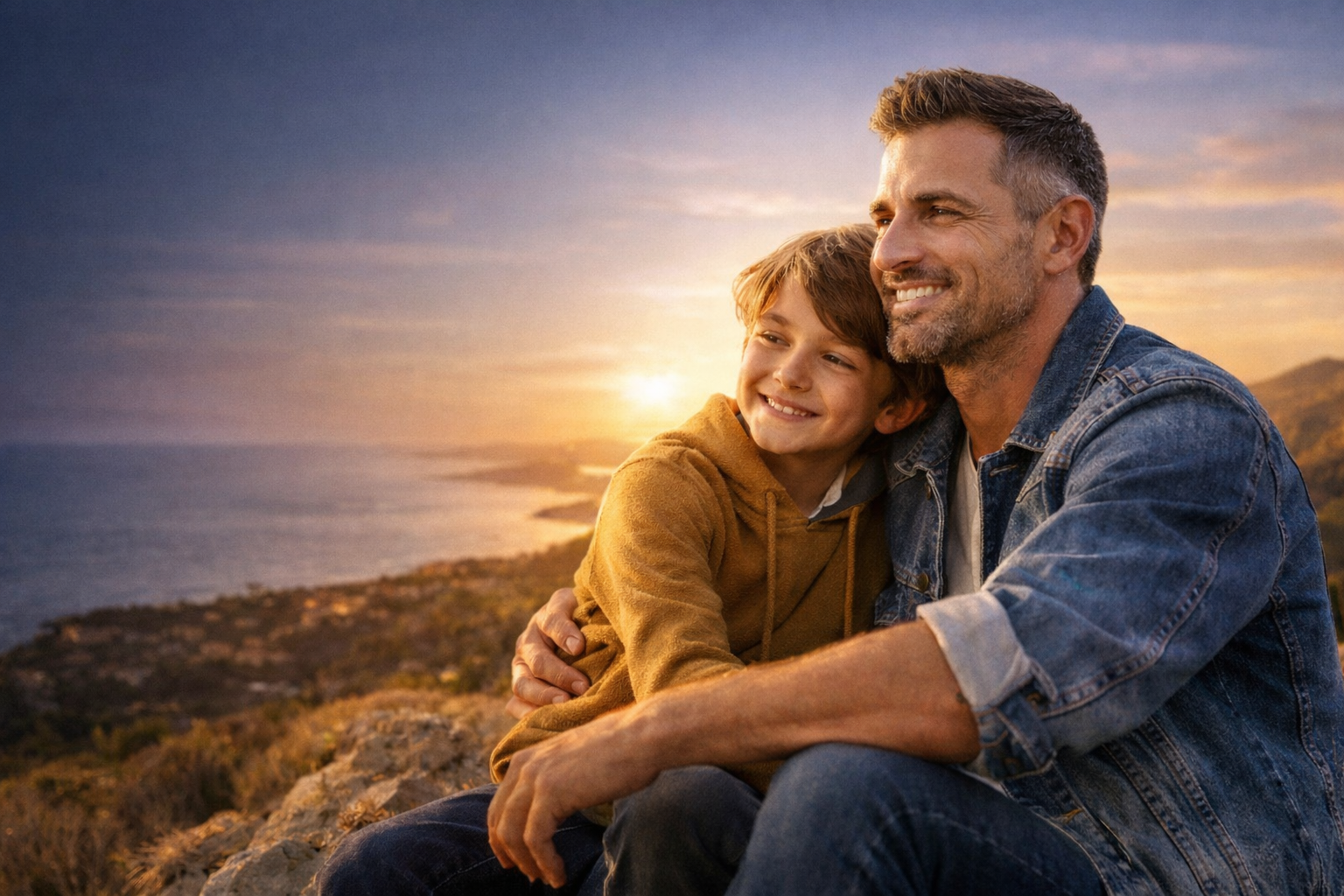 Divorced father sitting with his son at sunset, symbolizing rebuilding life after divorce and a strong father-child bond.