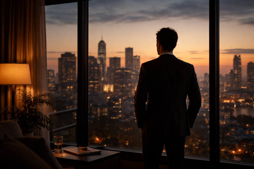 A contemplative man looking out a window at evening, reflecting on the financial shock after divorce