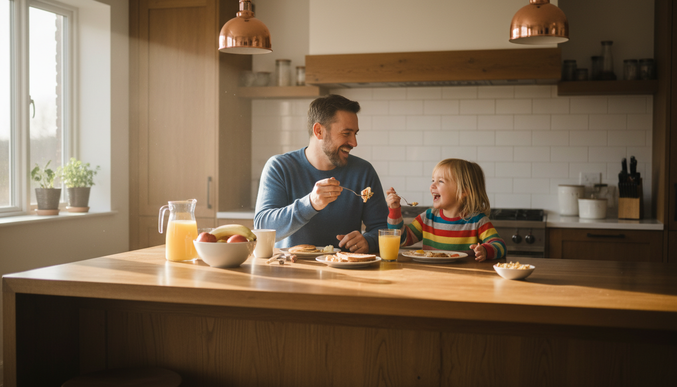 A father and child smiling and eating breakfast together in a sunlit kitchen.