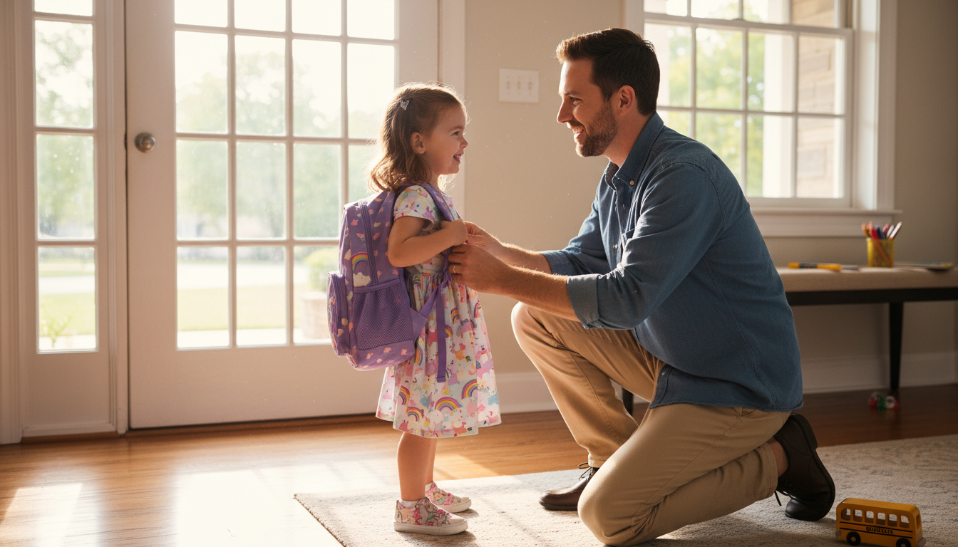 A father helping his daughter put on her school backpack in the morning.