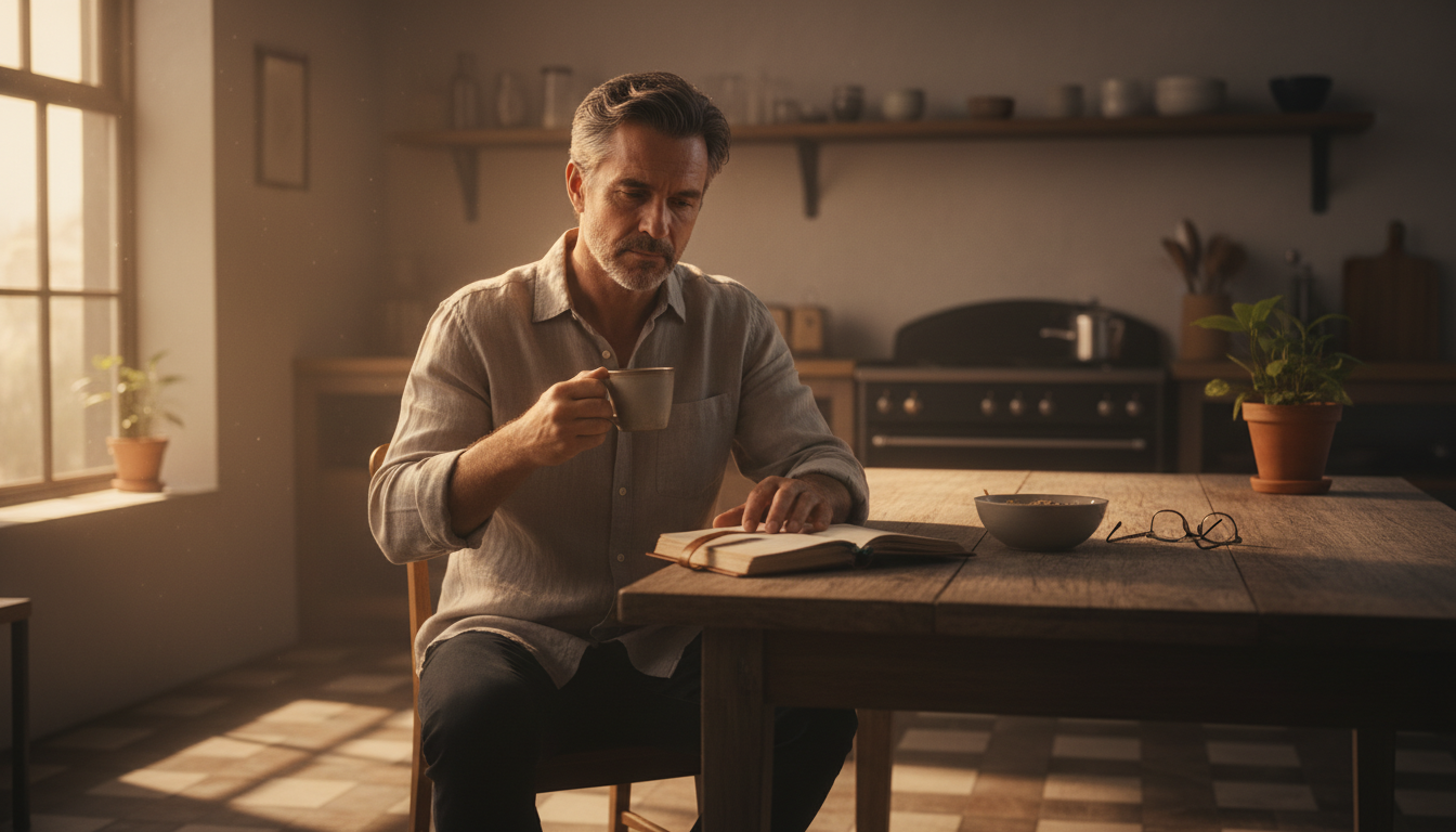 A thoughtful father drinking coffee and writing in a notebook in the early morning.