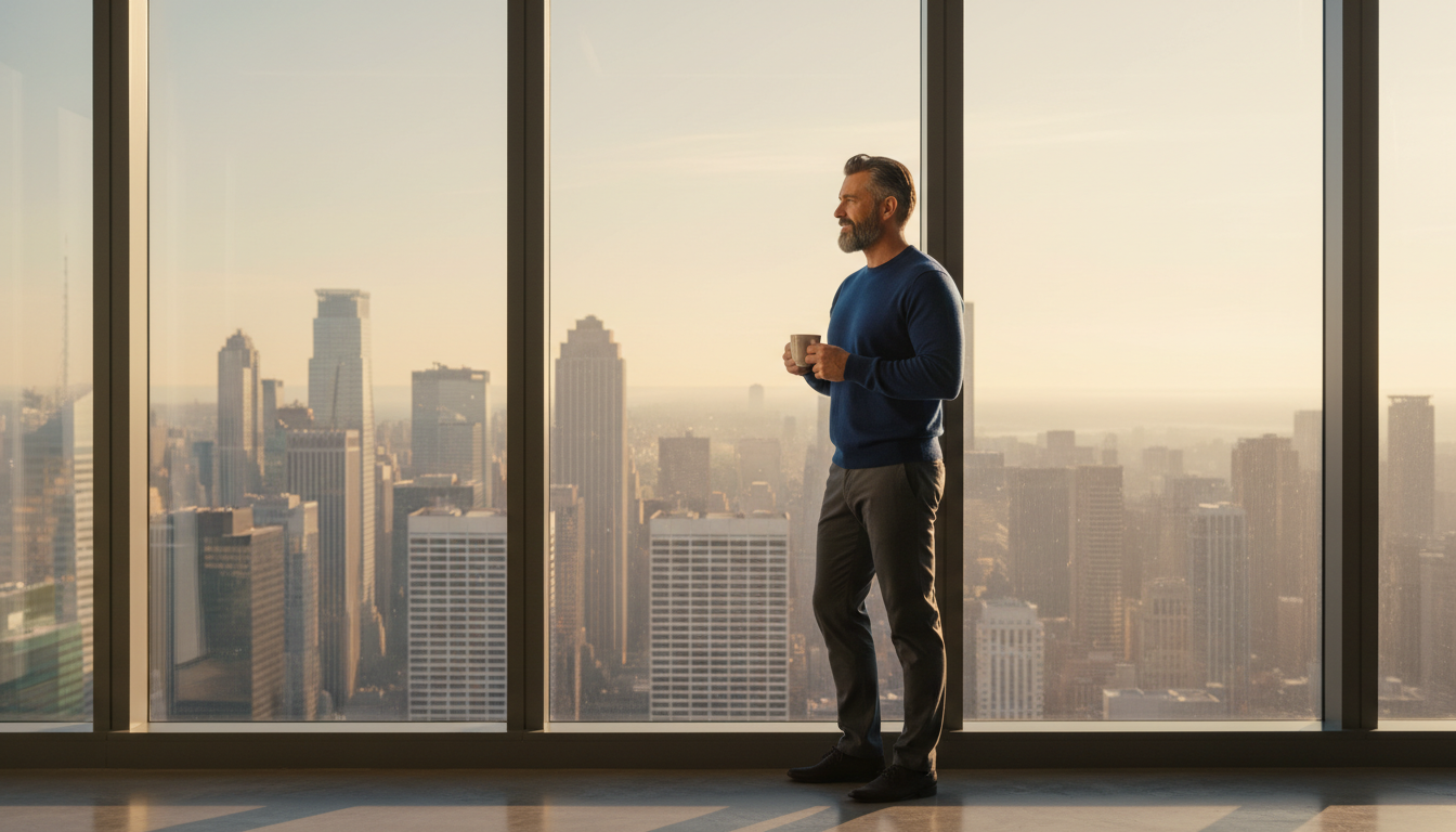 A confident man looking out a window at sunrise, symbolizing morning clarity and divorce recovery for men.
