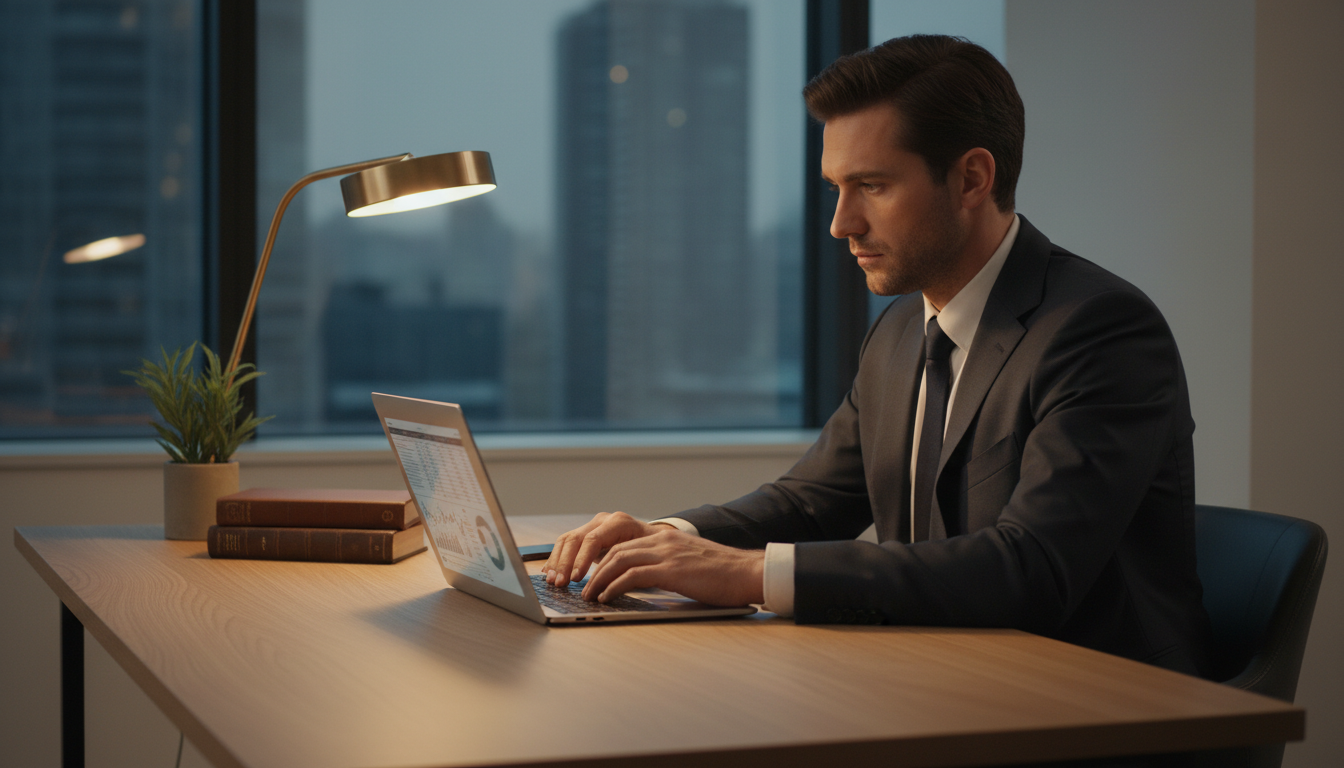 A man reviewing financial plans on a laptop, taking control of his assets after a divorce.