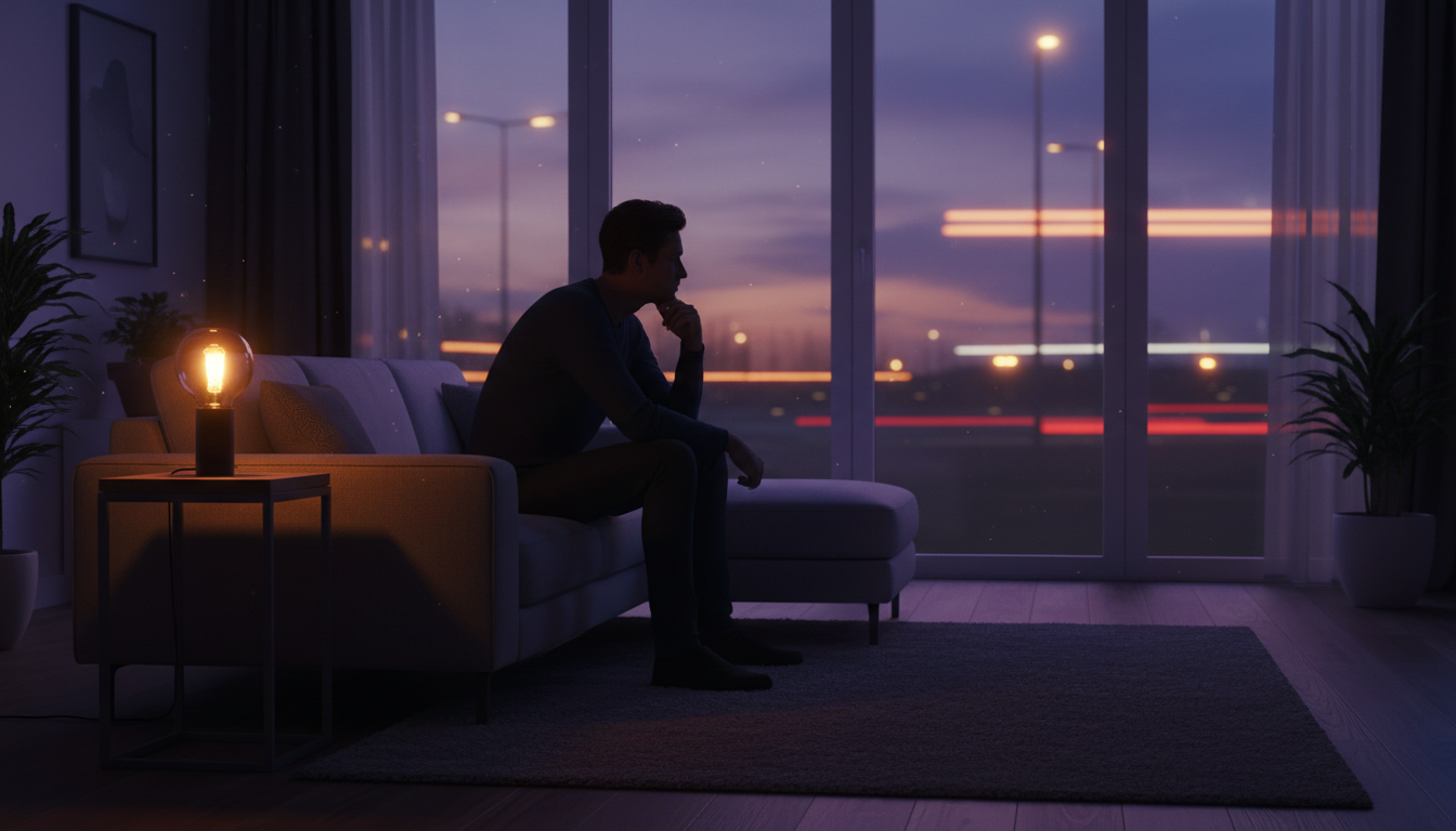A divorced father sitting thoughtfully in a dimly lit living room in the evening, representing the emotional weight of co-parenting for men.
