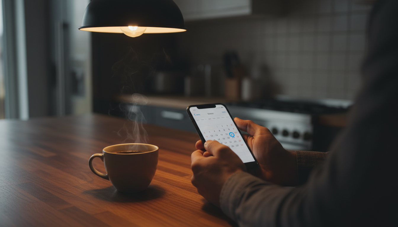 Divorced father using a co-parenting app on his smartphone to manage custody schedules effectively in the evening.