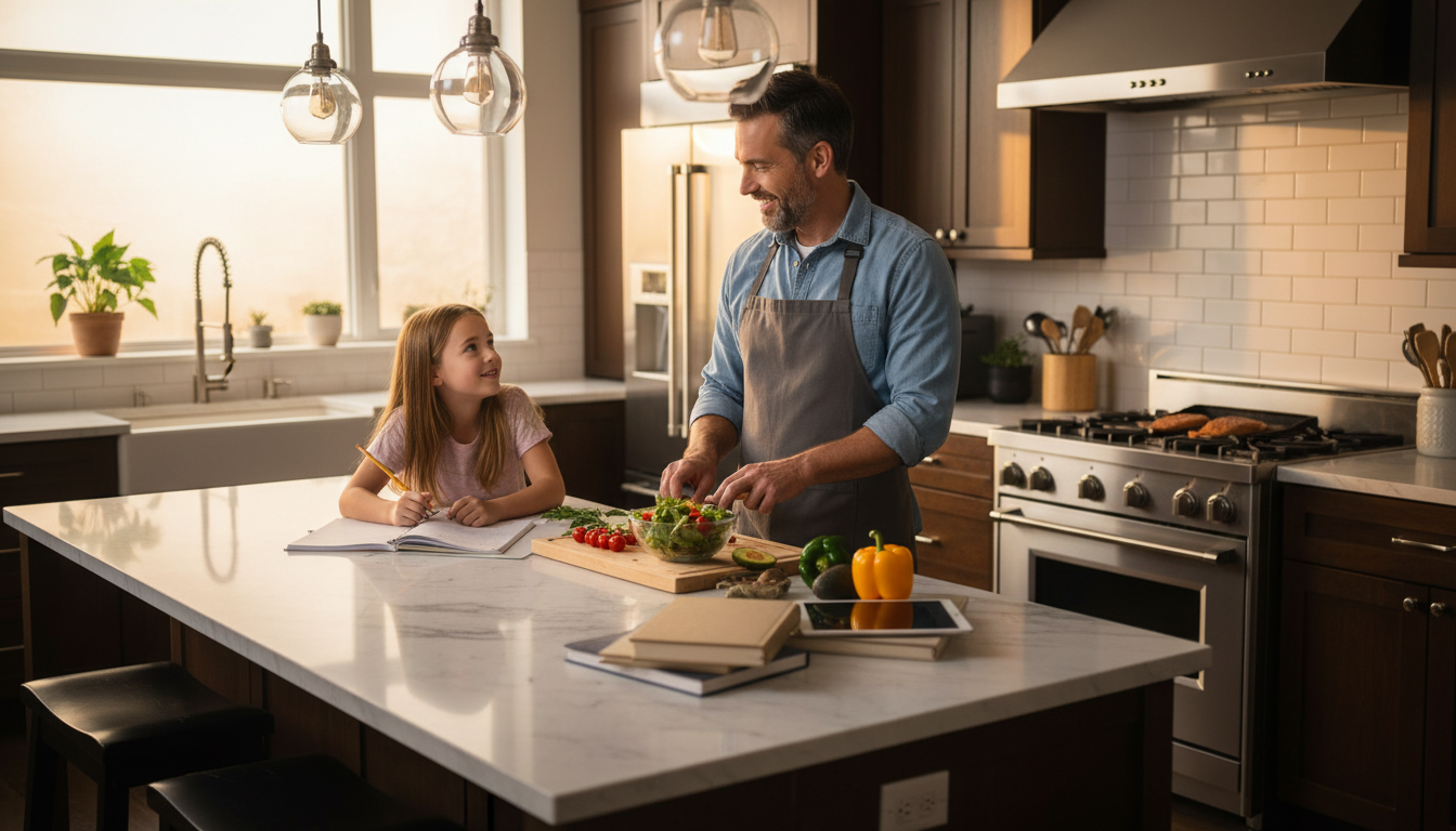 A happy divorced father peacefully parallel parenting and cooking dinner with his child in the evening.