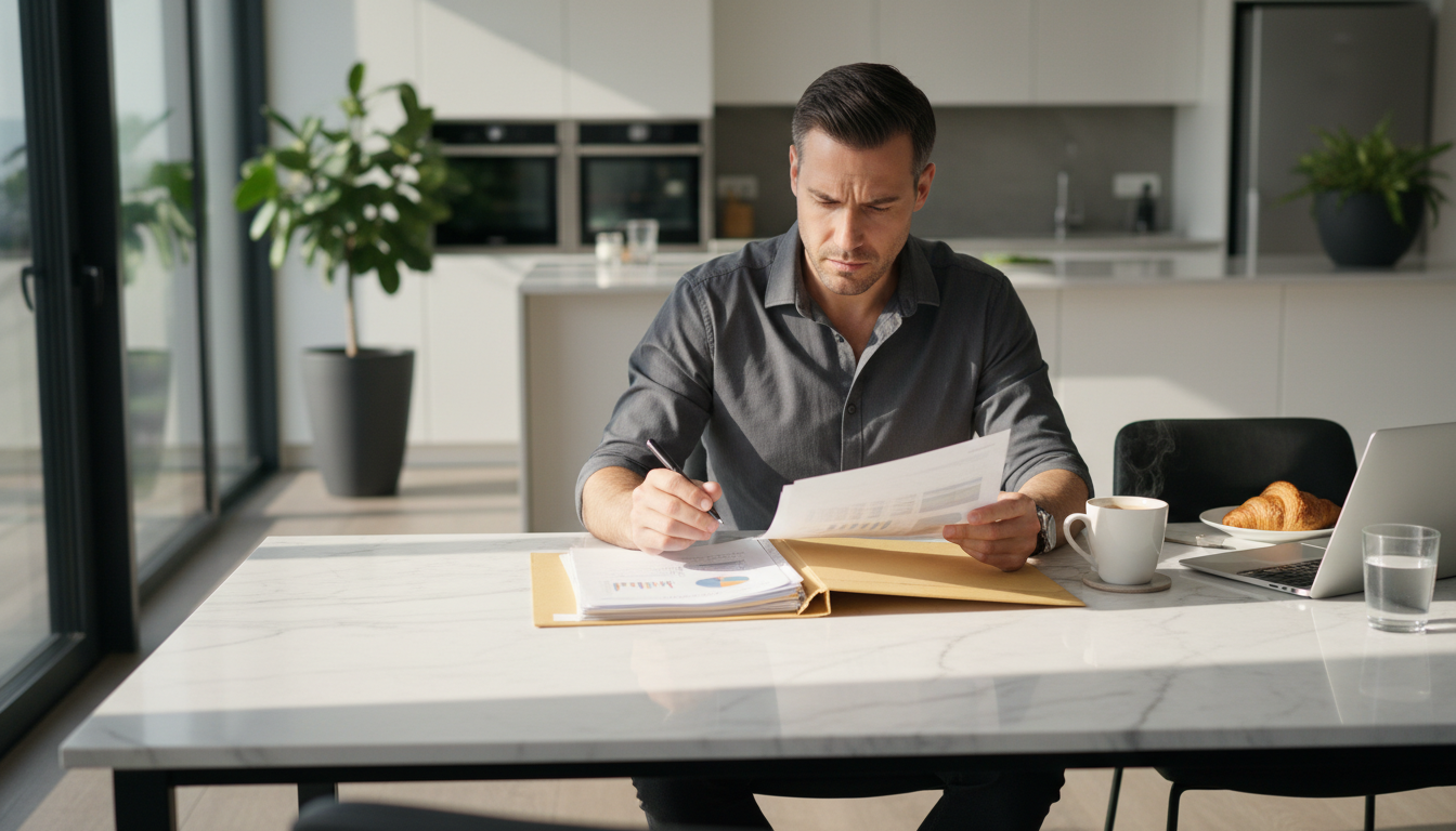 A man in morning light reviewing financial documents to manage divorce and money for men.
