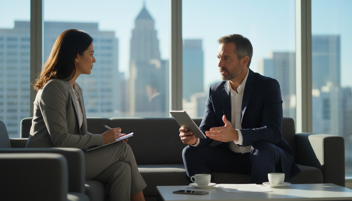 Man discussing divorce and money for men with a financial advisor in a modern office.