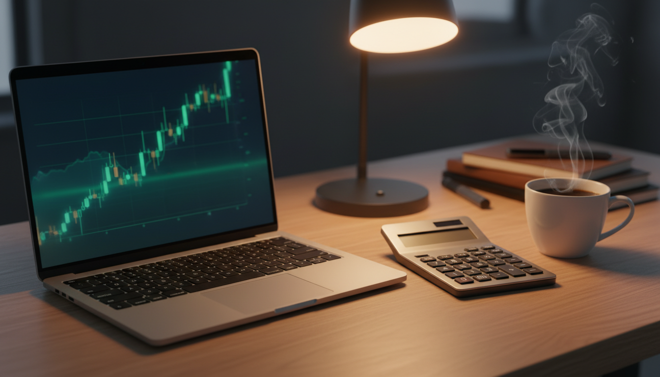 Desk with laptop and calculator representing a man organizing his finances after divorce.