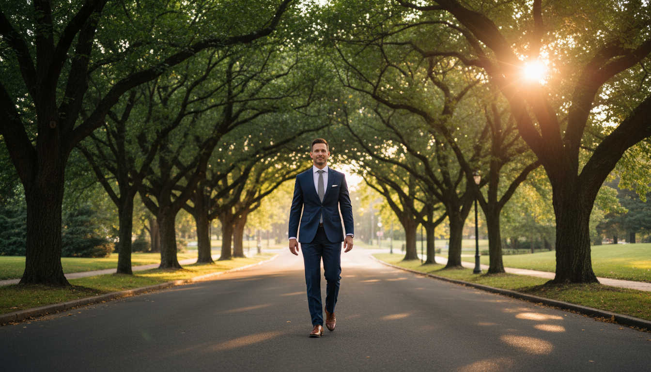 Confident man walking outside, representing recovery from financial shock after divorce.