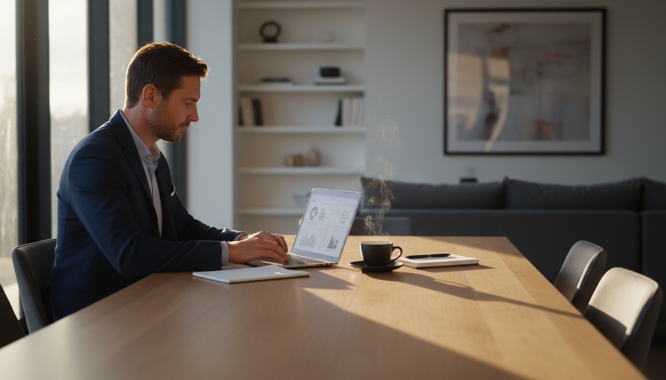 Man reviewing his finances on a laptop in the evening while rebuilding financial confidence after divorce.