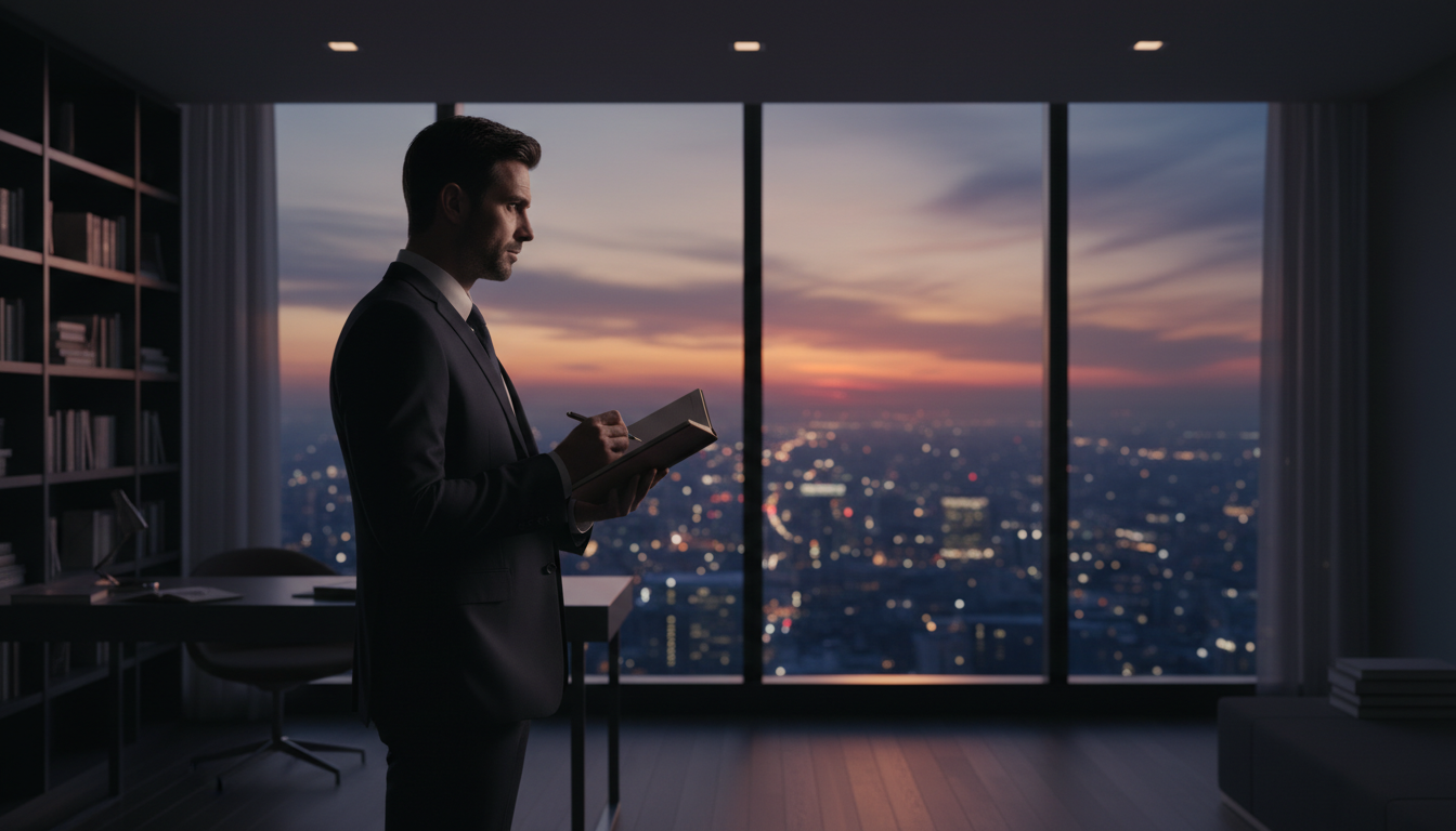 Confident individual planning future financial goals in the evening light.