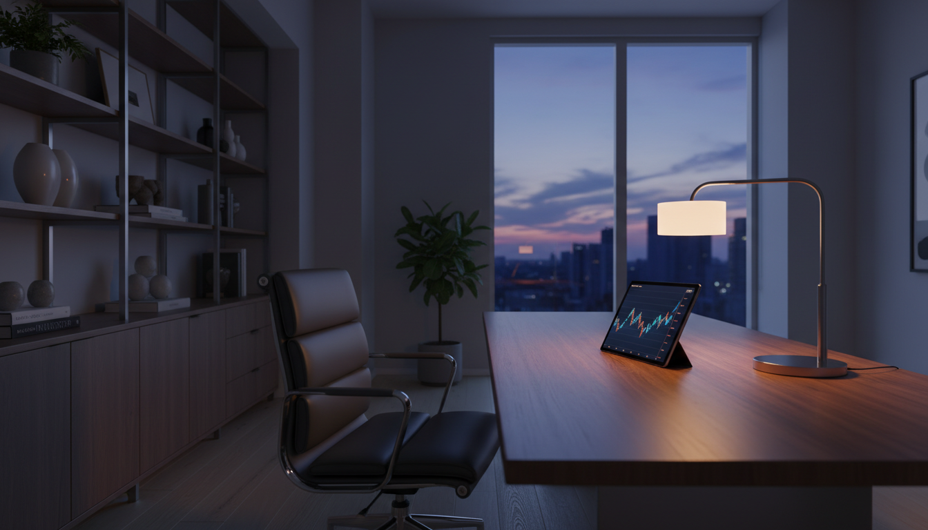 Modern home office setup at dusk used for post-divorce financial planning and wealth management.
