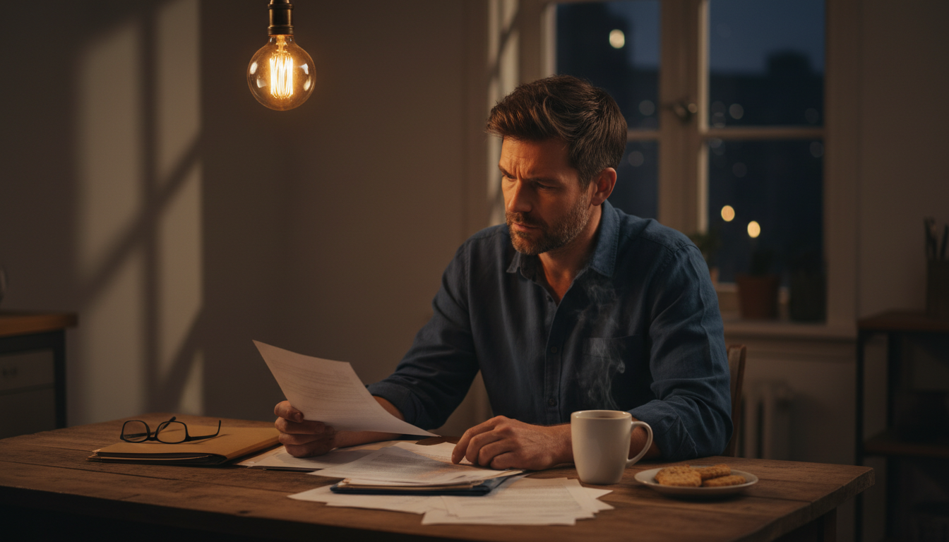 A father experiencing child support stress sitting alone in the evening reviewing financial documents.