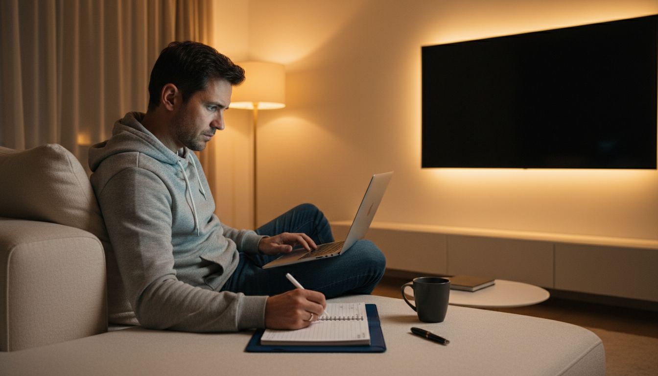 A man actively working on a financial budget in the evening to reduce child support stress.