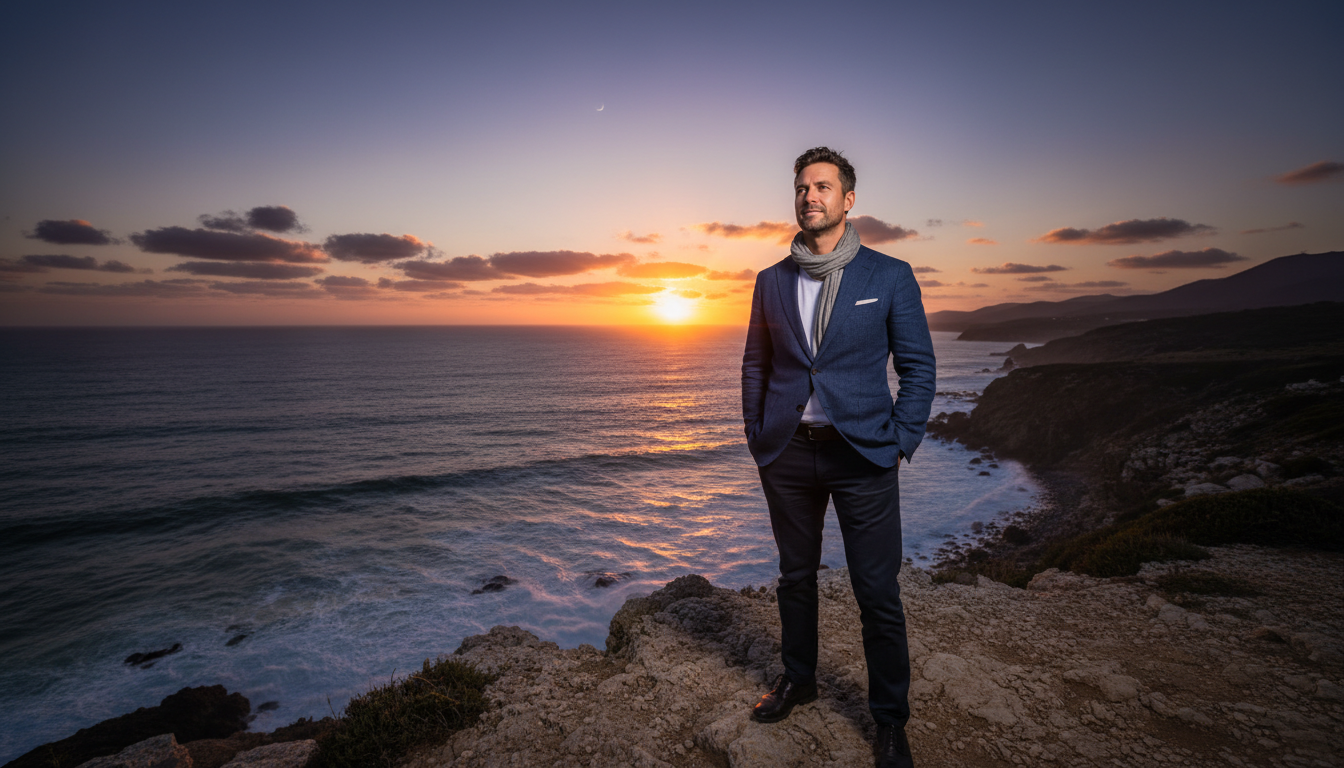 A confident father standing outdoors at dusk, having overcome child support stress and reclaimed his identity.