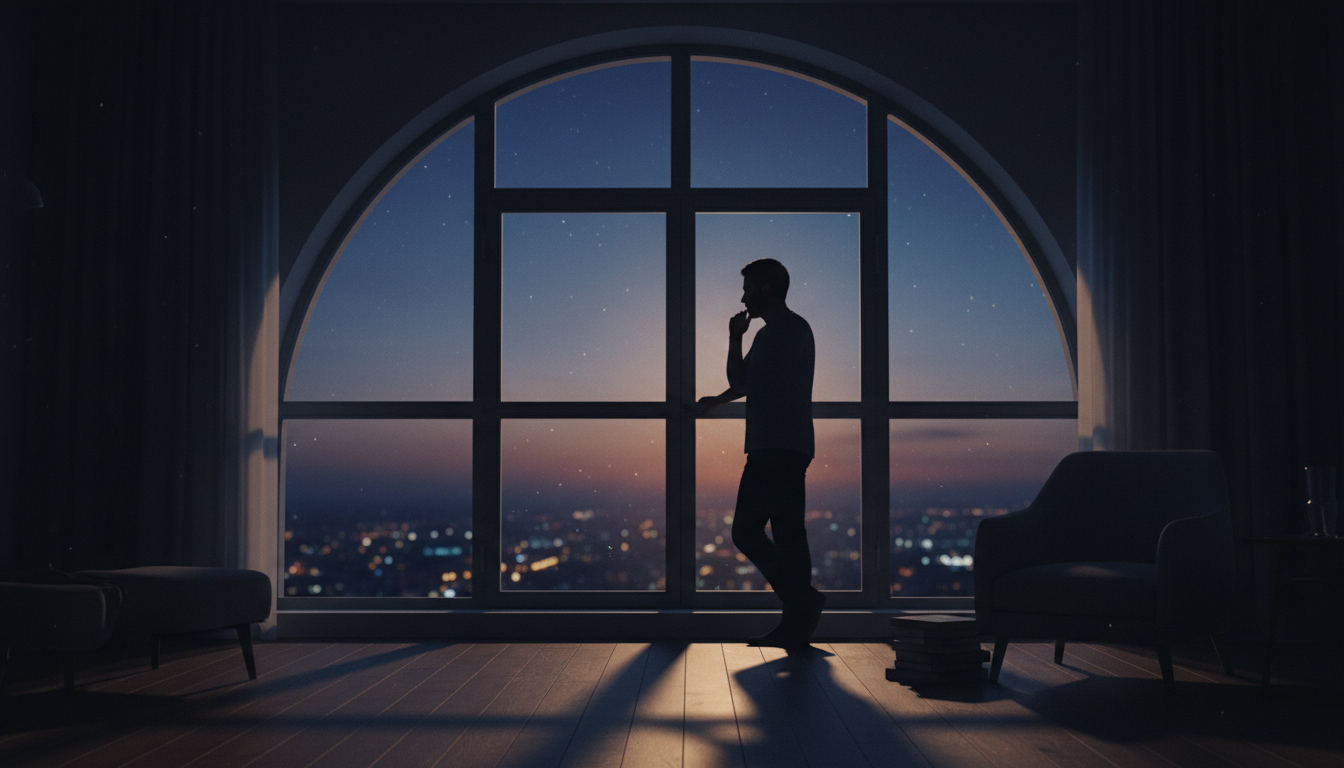 A father reflecting alone by a window in the evening, symbolizing the isolation of coparenting for men.