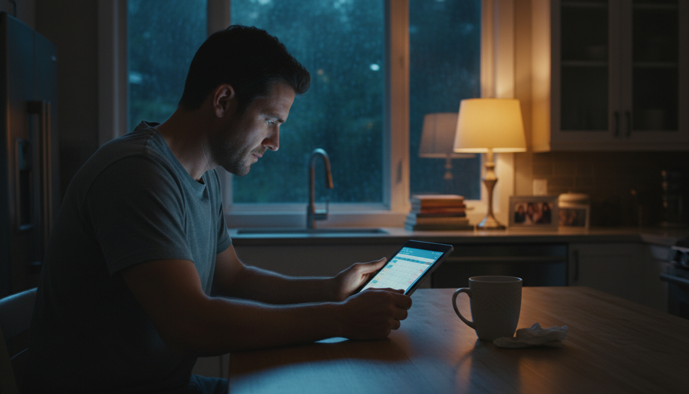 A divorced father reviewing a coparenting schedule on his tablet at night, preparing for custody exchanges.